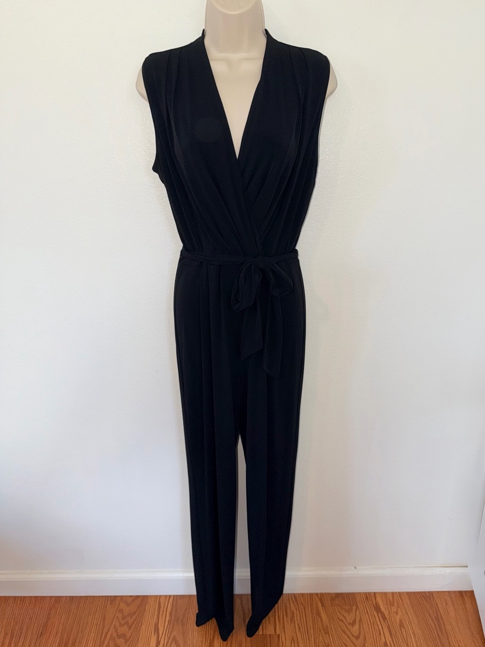 Sandra Darren Black Sleeveless Wrap-Front Jumpsuit with Tie Waist